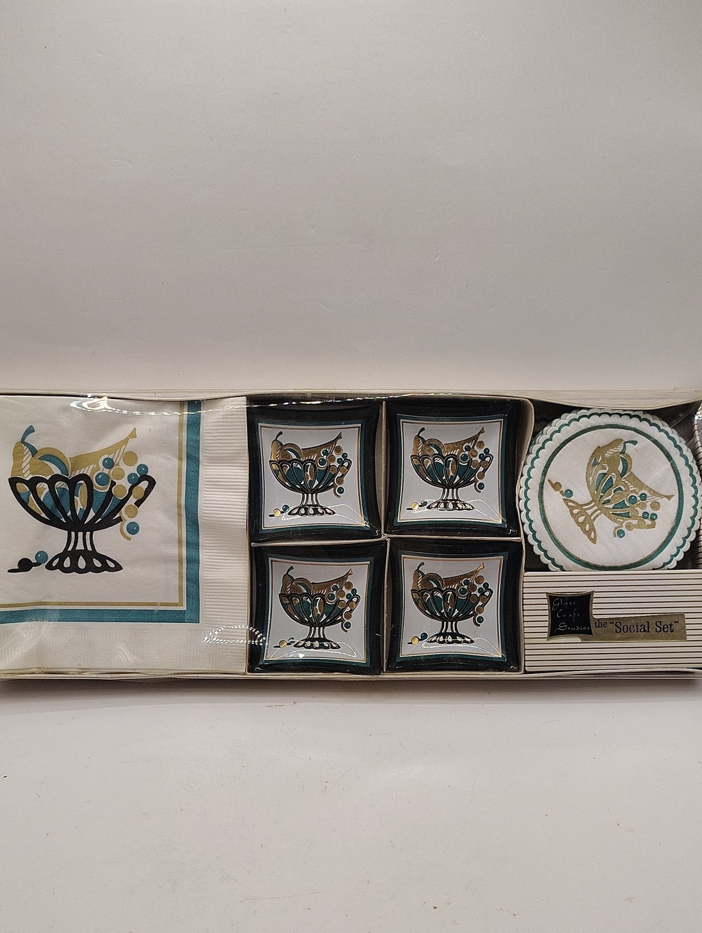 Vintage Social Set Party Napkins & Small Dishes - Teal, Gold, Black. MCM